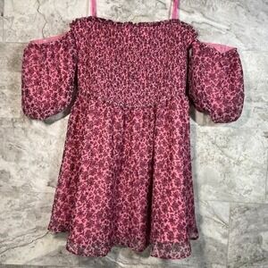 Betsey Johnson Dress Pink Floral Smocked Cold Shoulder Chiffon Mini Sz XXL NWT